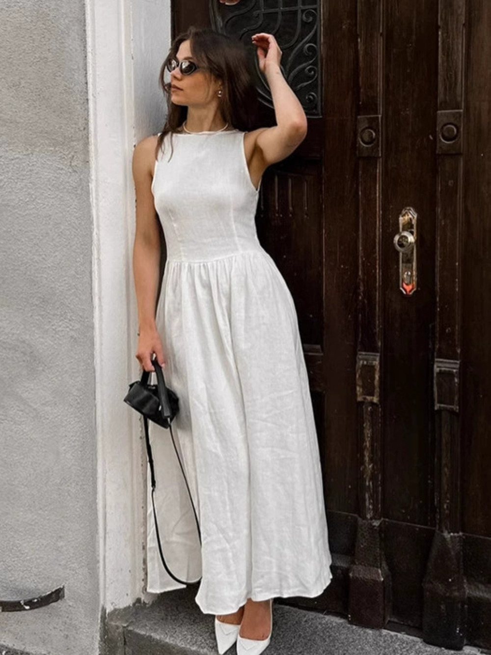 Forever 21 White Cotton Linen Round Neck Sleeveless Waist Flared Maxi Dress